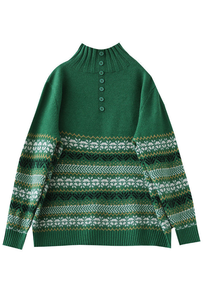 Elegant Green High Neck Print Knit Pullover Spring