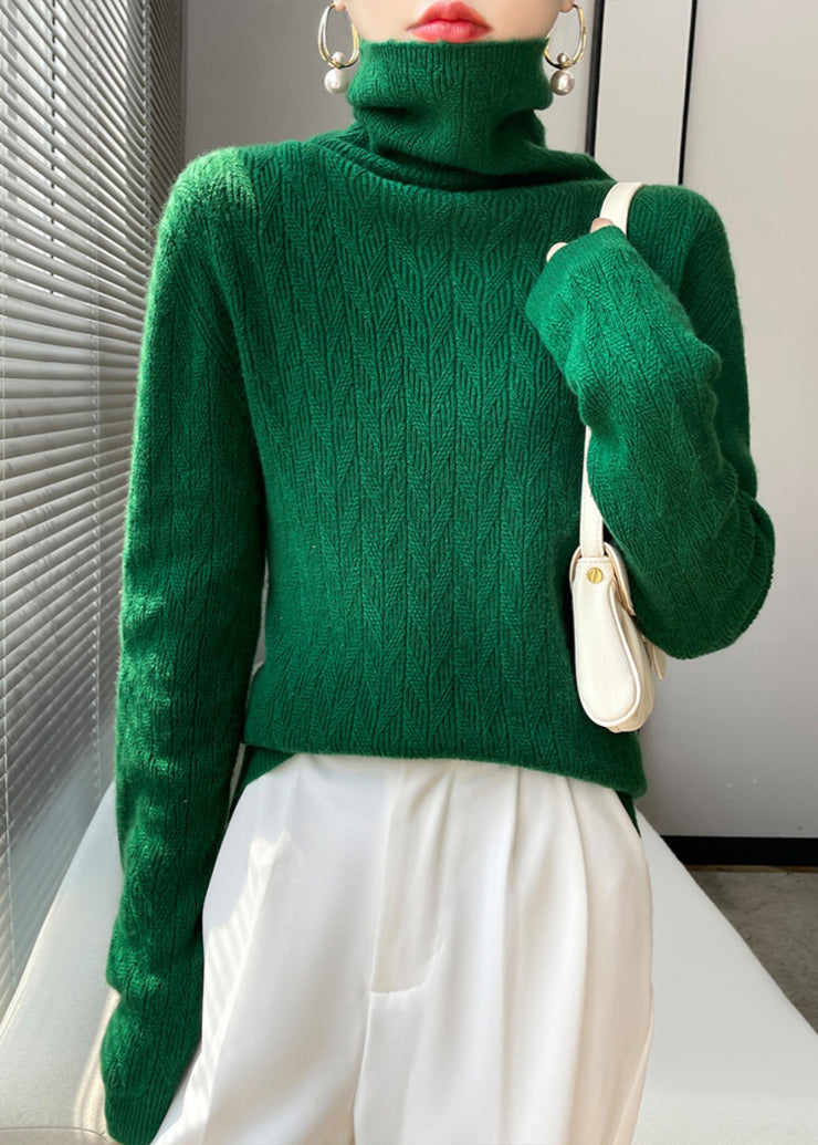 Elegant Green Hign Neck Patchwork Woolen Knit Sweaters Top Fall