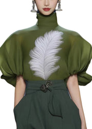 Elegant Green Hign Neck Print Patchwork Silk T Shirt Lantern Sleeve