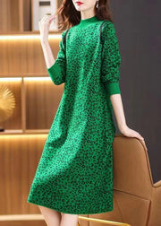 Elegant Green Leopard Jacquard Patchwork Thick Woolen Dress Winter