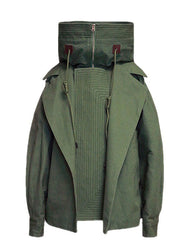 Elegant Green Loose zippered Pockets Casual Fall Coat
