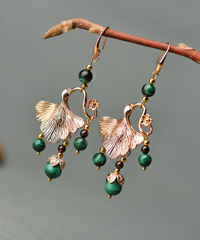 Elegant Green Malachite Ginkgo Leaf 14K Gold Drop Earrings