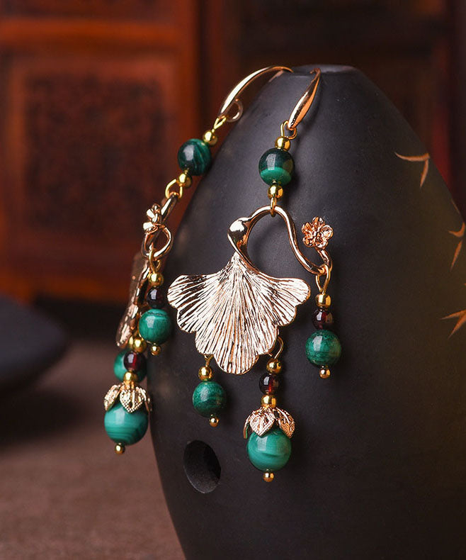Elegante grüne Malachit-Ginkgoblatt-Ohrringe aus 14 Karat Gold