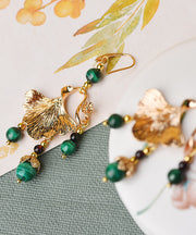 Elegant Green Malachite Ginkgo Leaf 14K Gold Drop Earrings