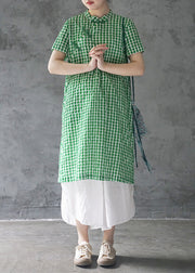 Elegant Green Mandarin Collar Button Plaid Cotton Dresses Short Sleeve