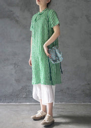 Elegant Green Mandarin Collar Button Plaid Cotton Dresses Short Sleeve