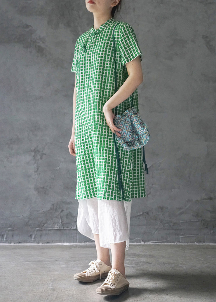 Elegante grüne Stehkragen-Knopf-Karo-Baumwollkleider mit kurzen Ärmeln