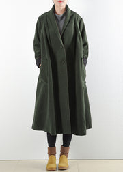 Elegant Green Notched Button Pockets Woolen Trench Coats Long Sleeve