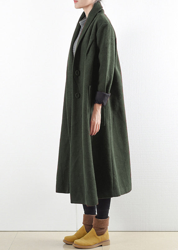 Elegante grüne gekerbte Knopftaschen Woll-Trenchcoats mit langen Ärmeln