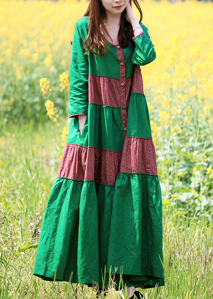Elegant Green O-Neck Button Patchwork Vacation Dresses Long Sleeve