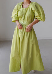 Elegant Green O-Neck Button Pockets Wrinkled Cotton Long Dress Puff Sleeve