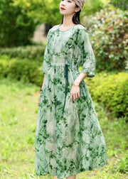 Elegant Green O Neck Drawstring Patchwork Long Linen Dress Summer