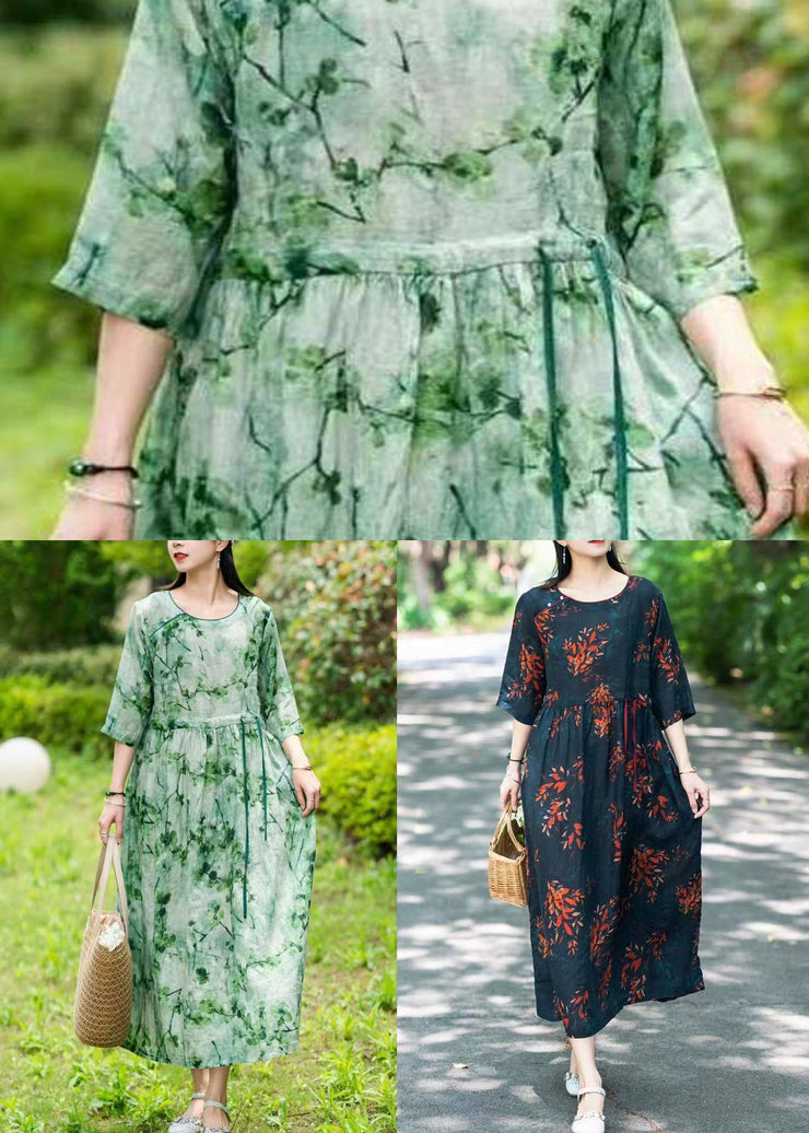 Elegant Green O Neck Drawstring Patchwork Long Linen Dress Summer