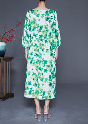 Elegant Green O-Neck Oversized Print Silk Vacation Dresses Bracelet Sleeve