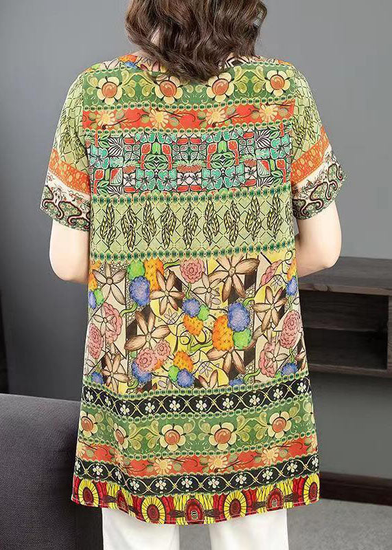 Elegant Green O Neck Print Patchwork Silk Shirt Tops Summer