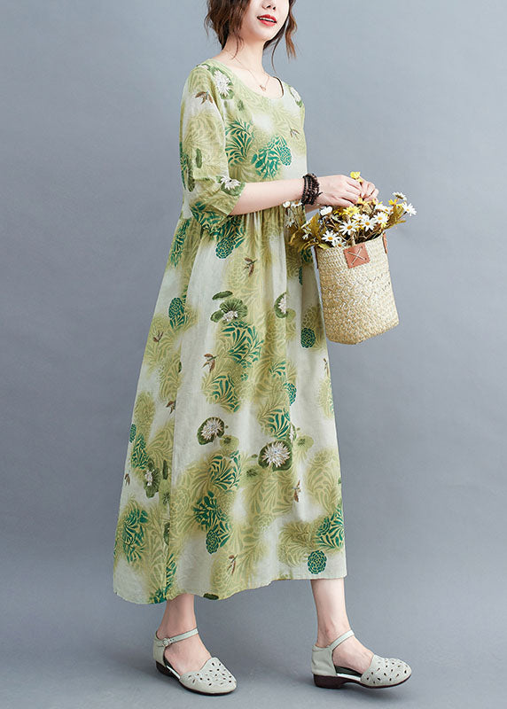 Elegant Green O-Neck Wrinkled Print Cotton Long Dress Half Sleeve