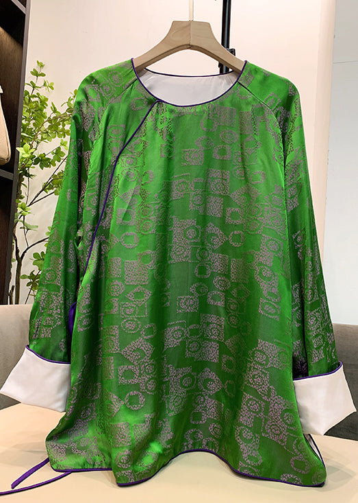 Elegante grüne Patchwork-Jacquard-Seidenhemden mit langen Ärmeln