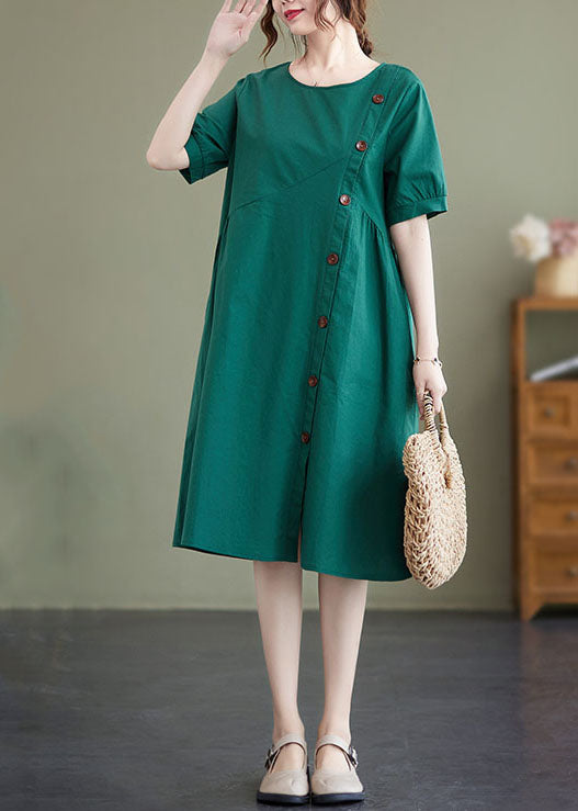 Elegant Green Patchwork Wrinkled Button Cotton Vacation Dresses Summer