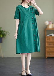 Elegant Green Patchwork Wrinkled Button Cotton Vacation Dresses Summer