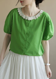 Elegant Green Peter Pan Collar Patchwork Cotton Shirt Top Puff Sleeve