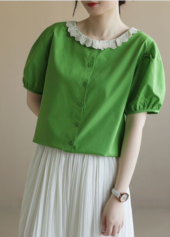 Elegantes grünes Peter-Pan-Kragen-Patchwork-Hemd aus Baumwolle mit Puffärmeln