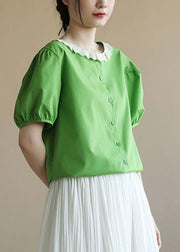 Elegant Green Peter Pan Collar Patchwork Cotton Shirt Top Puff Sleeve