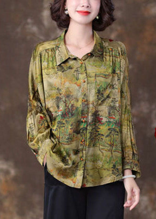 Elegant Green Peter Pan Collar Patchwork Print Silk Blouse Top Spring