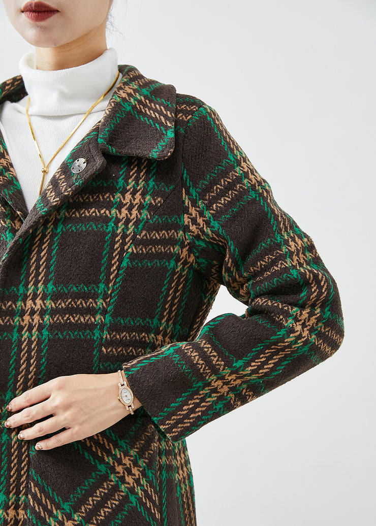 Elegant Green Peter Pan Collar Plaid Pockets Woolen Trench Fall
