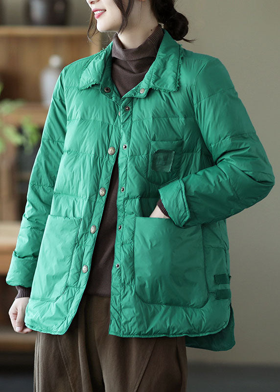 Elegant Green Pockets Casual Winter Down Coats