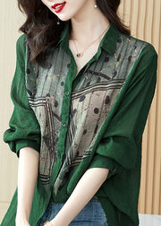 Elegant Green Peter Pan Collar Print Patchwork Cotton Blouses Long Sleeve