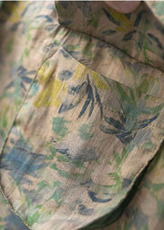 Elegant Green Peter Pan Collar Print Pocket Linen Shirt Top Short Sleeve
