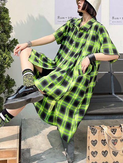 Elegant Green Plaid Cotton Buttonlow high design Summer Maxi Dresses - SooLinen