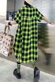 Elegant Green Plaid Cotton Buttonlow high design Summer Maxi Dresses - SooLinen