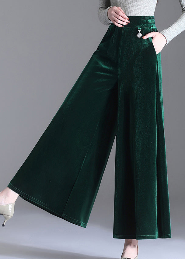 Elegant Green Pockets Elastic Waist Velour Wide Leg Pants Fall