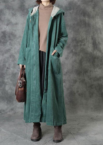 Elegant Green Pockets Hooded Zippered Button Fall Hoodies Outwear Long Sleeve - SooLinen