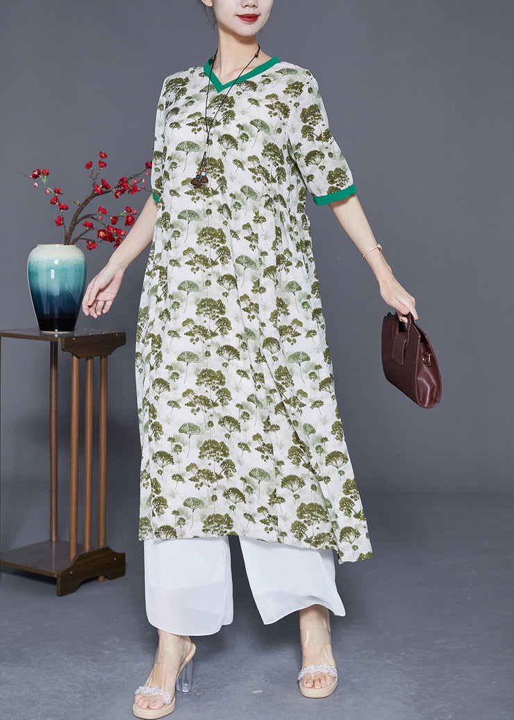 Elegant Green Print Exra Large Hem Linen Dresses Summer
