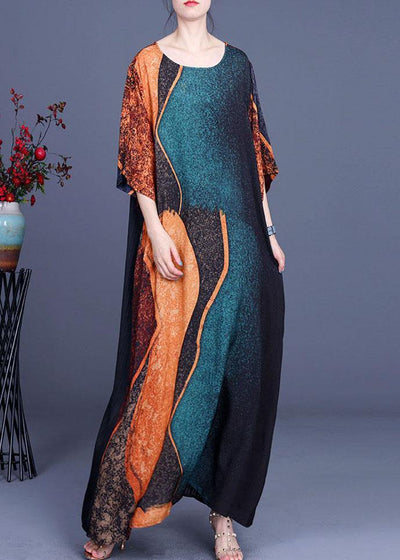 Elegant Green Print Patchwork Half Sleeve Silk Dress Summer - SooLinen