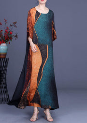 Elegant Green Print Patchwork Half Sleeve Silk Dress Summer - SooLinen