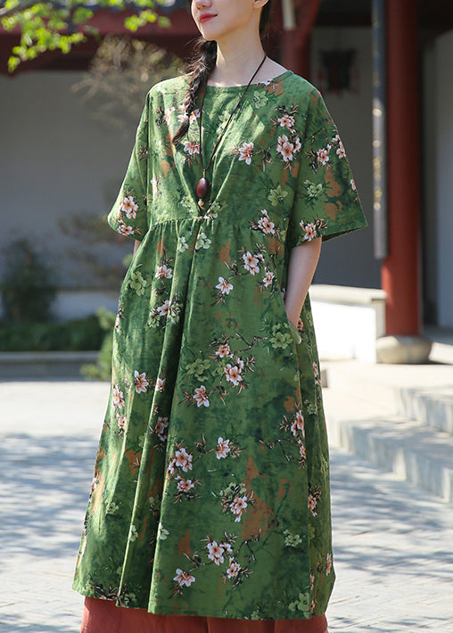 Elegant Green Print Pockets Patchwork Cotton Dresses Summer