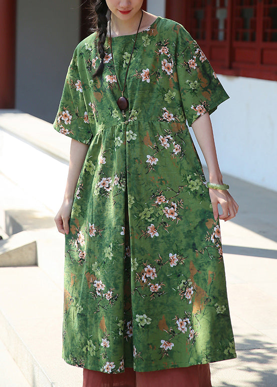 Elegant Green Print Pockets Patchwork Cotton Dresses Summer