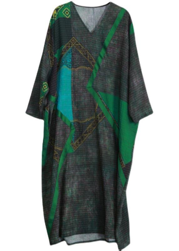 Elegant Green Print Tunic Pattern V Neck Patchwork Maxi Spring Dress - SooLinen