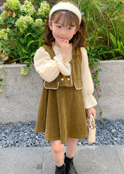 Elegant Green Ruffled Patchwork Corduroy Kids Girls Two Piece Set Outfits Fall