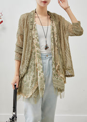 Elegant Green Ruffled Patchwork Hollow Out Lace Cardigans Fall