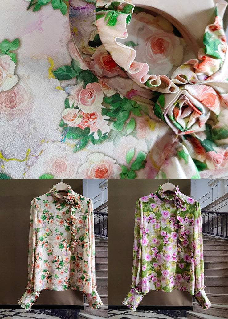 Elegant Green Ruffled Rose Print Silk Tops Spring