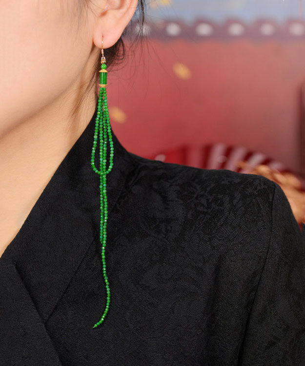 Elegant Green Silver Agate Jadeite Dry Green Tassel Drop Earrings
