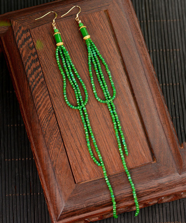 Elegant Green Silver Agate Jadeite Dry Green Tassel Drop Earrings