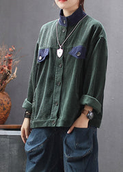 Elegant Green Stand Collar Button Corduroy Coats Spring