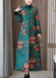 Elegant Green Stand Collar Chinese Style Print Fine Cotton Filled Coats Winter