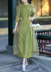Elegant Green Stand Collar Embroidered Button Tulle Silk Dress Long Sleeve