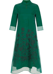 Elegant Green Stand Collar Embroidered Floral Button Tulle Long Dresses Half Sleeve